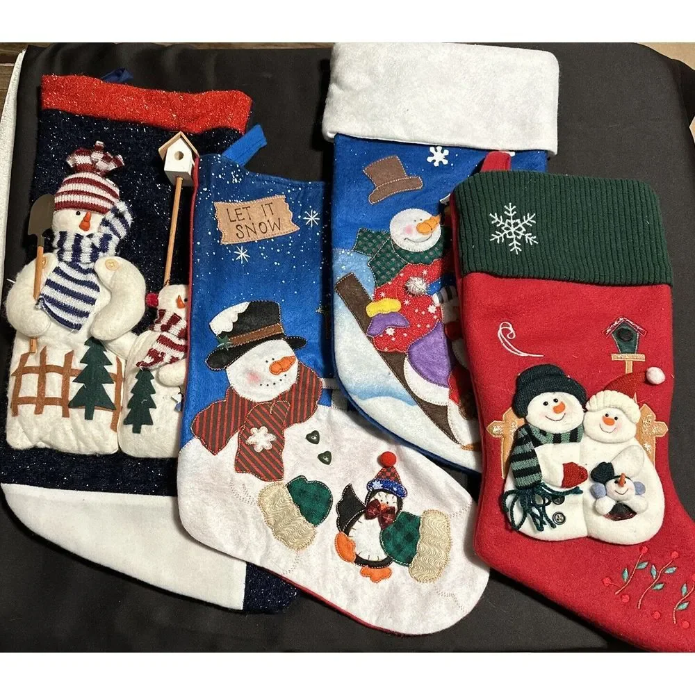 Lot of 4 3D Snowman Sleigh Bird House Christmas Stockings Penguin EUC